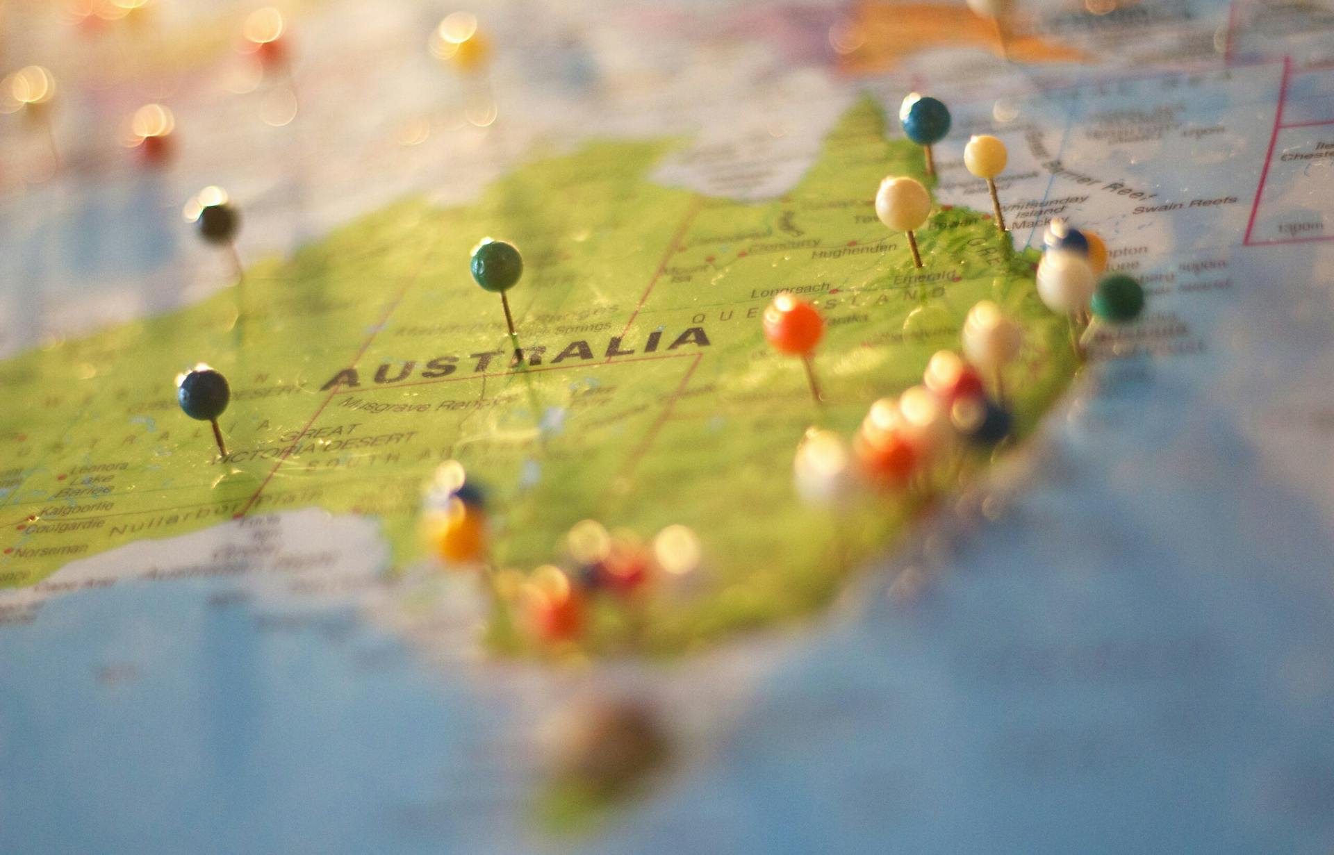 Image Showing a Map Zoomed in on Australia with Pins on it